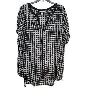 Ava & Viv Black and White Windowpane Short Sleeve Flowy Blouse Work Office 3X